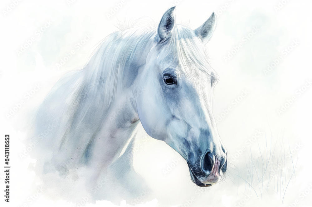 Obraz premium White horse in a wildlife watercolor illustration style, isolated on a pristine white background. Conceptual and creative animal art showcasing abstract brush strokes combined with realism. Great for