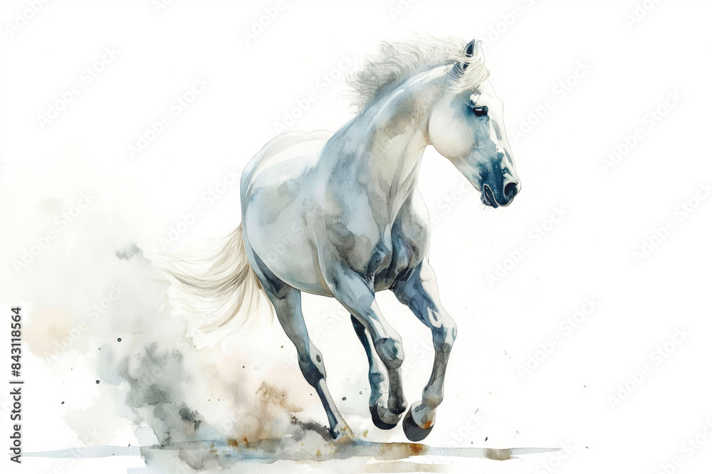 Fototapeta Wildlife watercolor illustration style featuring a white horse, isolated against a white background. Artistic and conceptual animal art blending abstract brush strokes with realism. Suitable for any c