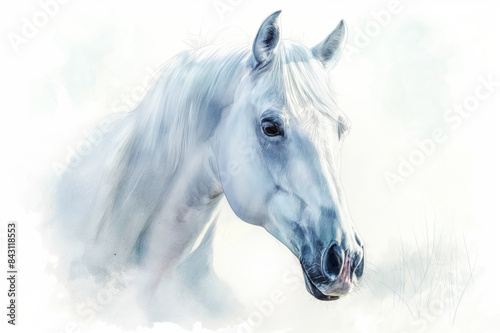 White horse in a wildlife watercolor illustration style  isolated on a pristine white background. Conceptual and creative animal art showcasing abstract brush strokes combined with realism. Great for 