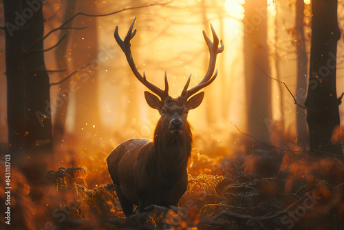 Majestic stag in misty forest at sunrise serene