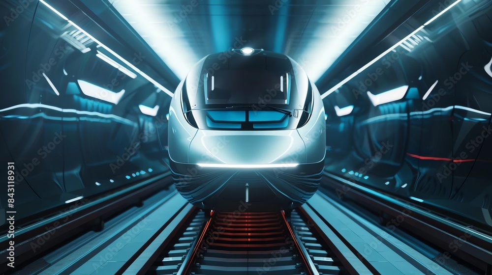 Maglev train floating above tracks, front view, magnetic levitation transport Maglev train floating above tracks, front view, magnetic levitation transport