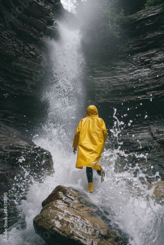 A person stands on a rocky outcrop near a waterfall  wearing a bright yellow raincoat