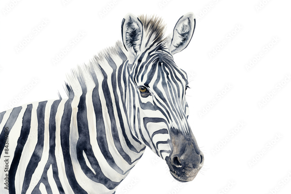 Zebra in a wildlife watercolor illustration style, isolated on a pristine white background. Conceptual and creative animal art showcasing abstract brush strokes combined with realism. Great for print Zebra in a wildlife watercolor illustration style, isolated on a pristine white background. Conceptual and creative animal art showcasing abstract brush strokes combined with realism. Great for print