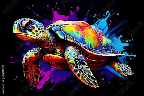 Illustration of  realist turtle in neon colors on a black backdrop in the pop art style, with splatters of watercolor pain