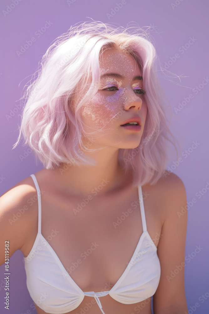 young woman with pastel mauve hair and holographic glitter makeup in a dreamy portrait young woman with pastel mauve hair and holographic glitter makeup in a dreamy portrait