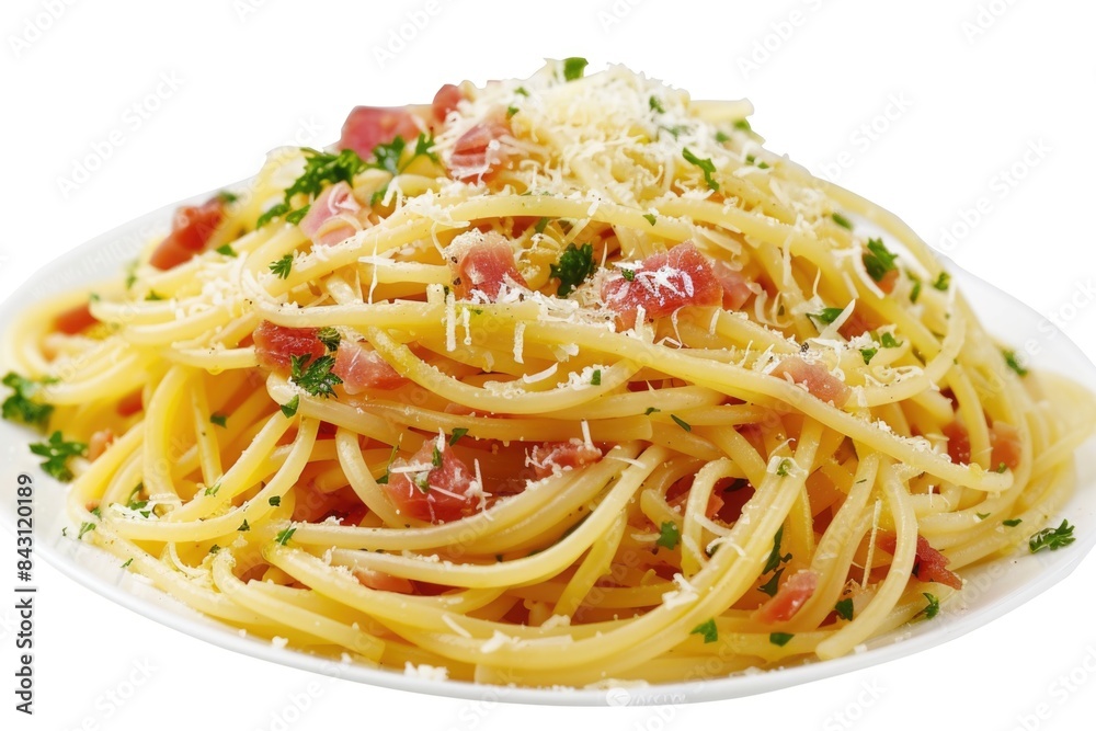 A plate of spaghetti topped with crispy bacon and melted parmesan cheese A plate of spaghetti topped with crispy bacon and melted parmesan cheese