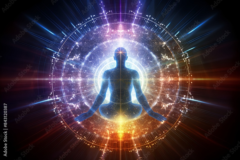 Fototapeta premium Virtual Enlightenment: Human Figure Embraced by Circuits and Light Rays