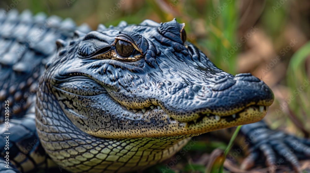 Fototapeta premium A close-up view of a small alligator camouflaged in the grass, suitable for use in nature or wildlife-related content