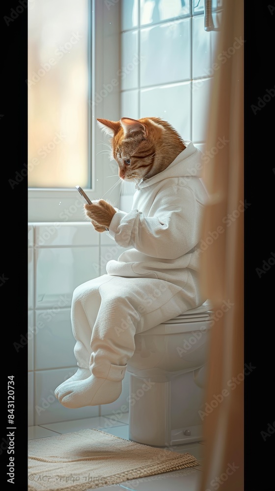 Adorable cat in hoodie using smartphone on toilet Adorable cat in hoodie using smartphone on toilet