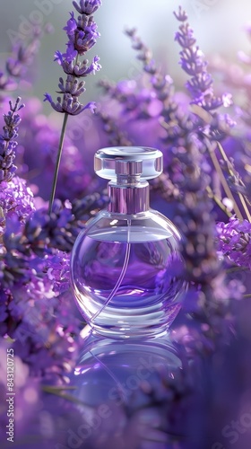 Perfume bottle in lavender field  sunset  aromatic  luxurious fragrance.