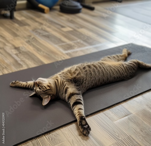 A tabby cat stretched out on a yoga mat, appearing relaxed and content, lying on its back with its legs and paws extended - AI Generated Digital Art