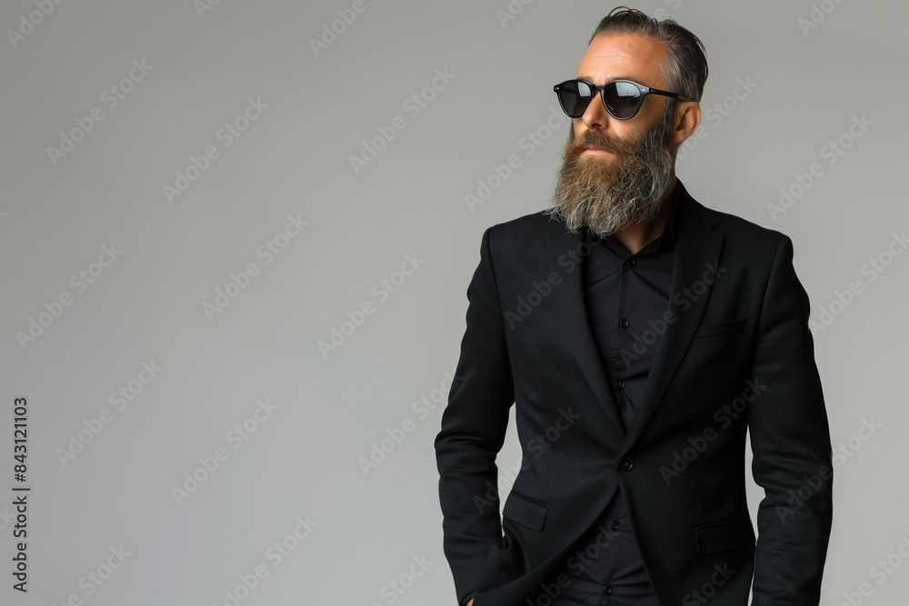 stylish older man with beard and sunglasses in a sleek black suit ...