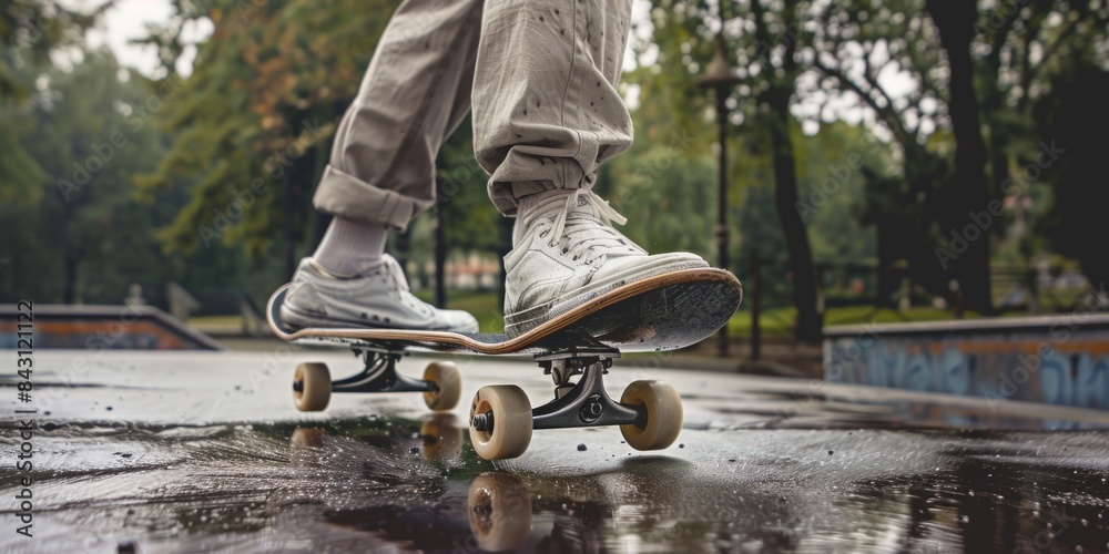 A person riding a skateboard on a wet surface, possibly after rain or in a misty environment