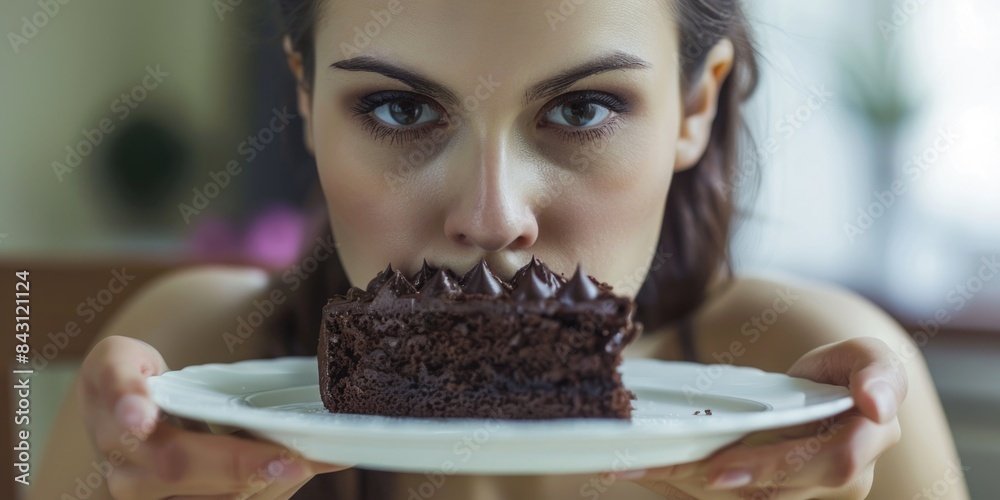 A woman enjoying a slice of chocolate cake A woman enjoying a slice of chocolate cake