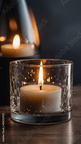 Clear candle holder mockup featuring a burning wax candle.