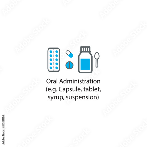 Diagram showing Oral Administration - Capsule, tablet, syrup, suspension - drug delivery route scientific illustration.