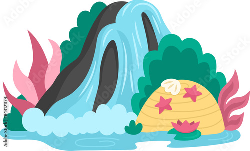 Vector waterfall icon. Nature landscape illustration isolated on white background. Flat water fall picture with greenery, seaweeds, sea stars. Wildlife, active holidays or marine landscape scene