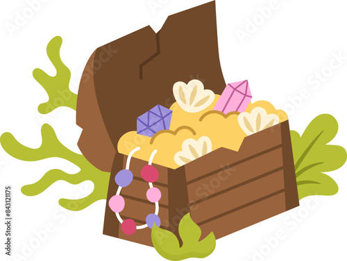 Opened mermaid treasure chest with gold, seashells, beads. Pirate sunken wooden coffer with jewelry and. Treasure island element isolated on white background. Old wood box icon with seaweeds.