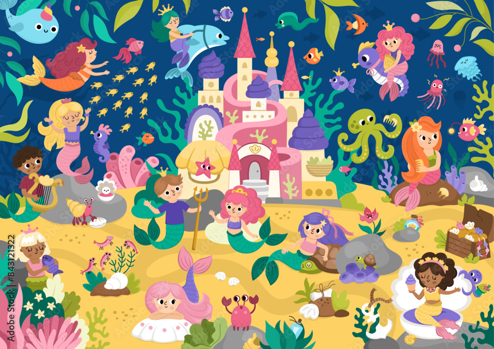 Naklejka premium Vector mermaid land landscape illustration with castle, fish, seaweeds, treasure, princes and princesses. Under the sea, ocean kingdom scene. Cute horizontal fairytale or water nature background.