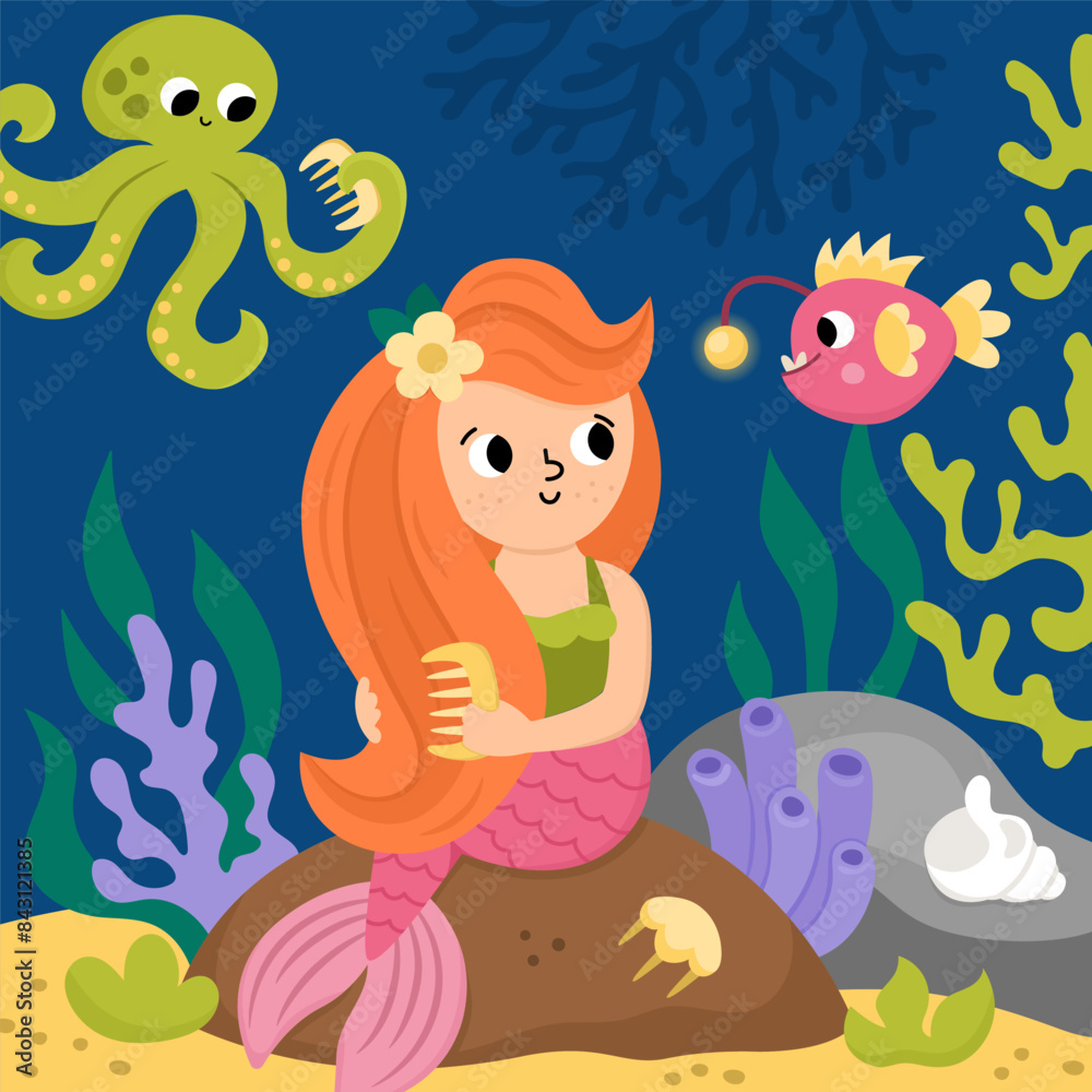 Vector landscape illustration with mermaid sitting on the rock combing hair. Ocean or sea kingdom scene with seaweeds, octopus, marine princess. Cute square fairytale background for kids. Vector landscape illustration with mermaid sitting on the rock combing hair. Ocean or sea kingdom scene with seaweeds, octopus, marine princess. Cute square fairytale background for kids.