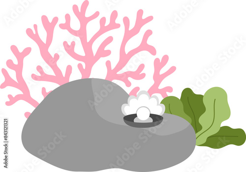 Vector marine composition with rock, seaweeds, corals, seashell with pearl. Mermaid land concept. Sea life nature decoration isolated on white background. Ocean or underwater clipart element