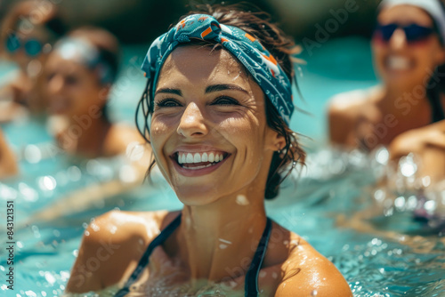 Active mature women enjoying aqua gym class in a pool,