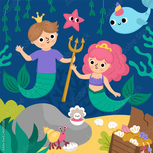 Vector landscape illustration with mermaid and boy with trident, crown. Ocean or sea kingdom scene with marine princess, prince, treasure chest. Cute square fairytale background for kids.