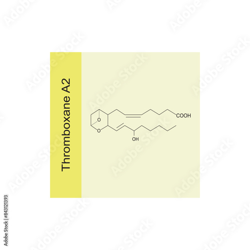 Thromboxane A2 skeletal structure diagram.Prostanoid compound molecule scientific illustration on yellow background. photo