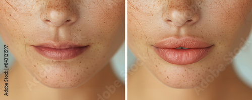 Cropped shot of young ginger woman's face with lips before and after lip enhancement. Injection of filler in lips. Lip augmentation.	 photo