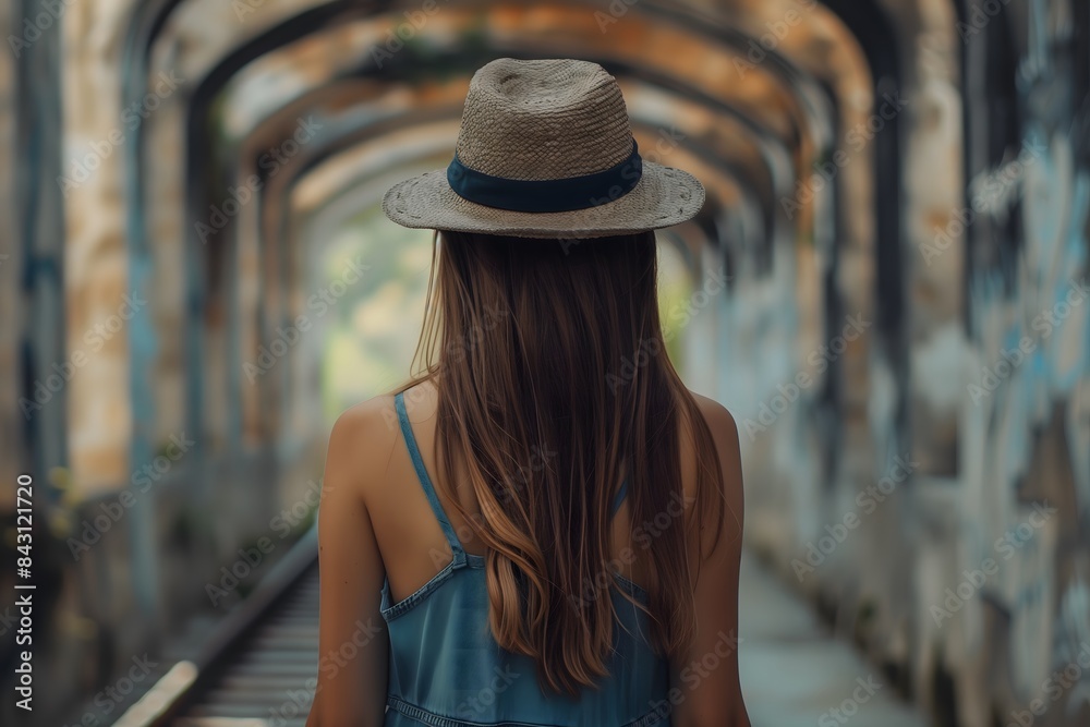 Adventurous Woman on Abandoned Railroad Bridge in Hat Adventurous Woman on Abandoned Railroad Bridge in Hat