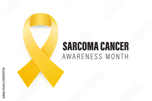 Sarcoma, Bone Cancer Banner, Card, Placard with Vector 3d Realistic Yellow Ribbon on White Background. Sarcoma Cancer Awareness Month Symbol Closeup, July. World Bone Cancer Day Concept