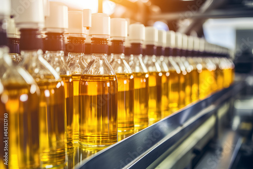 Bottling plant - Apple juice bottling line for processing and bottling juice into bottles. Selective focus.