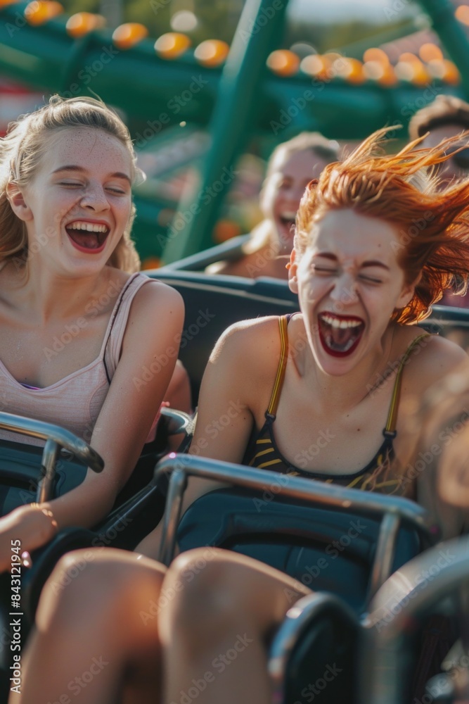Two girls enjoying the thrill of a roller coaster ride, an image suitable for use in articles or social media posts about friendship and adventure Two girls enjoying the thrill of a roller coaster ride, an image suitable for use in articles or social media posts about friendship and adventure