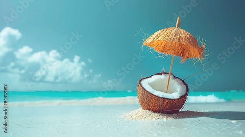 Tropical beach concept made of coconut fruit and sun umbrella. Creative minimal summer idea.