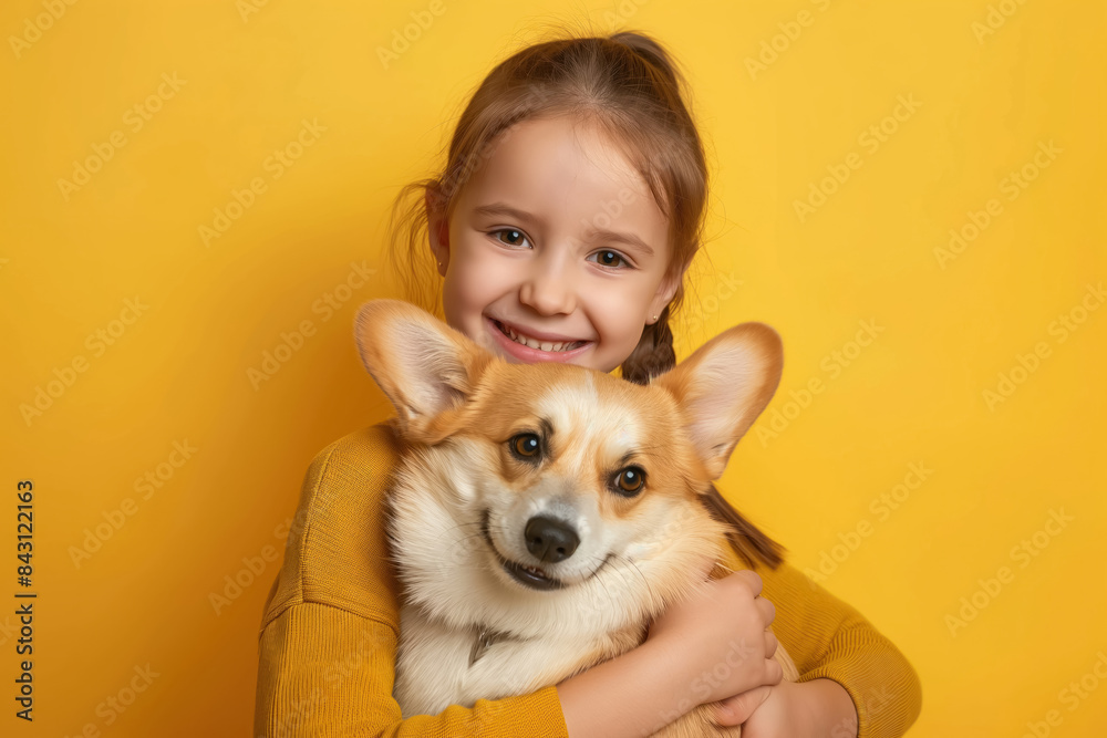 joyful young girl in yellow sweater hugging her corgi, expressing happiness and affection