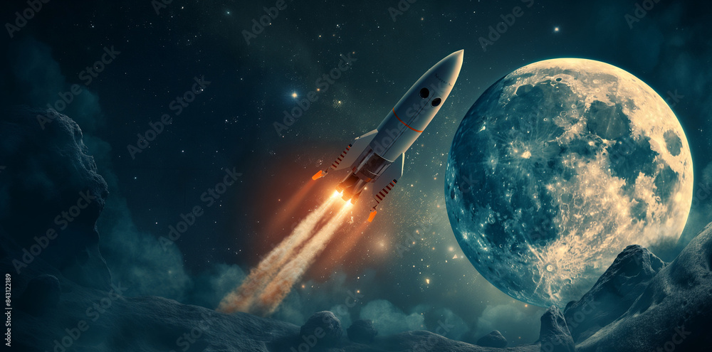 Obraz premium a rocket taking off from the moon with Earth in the background. Space travel concept