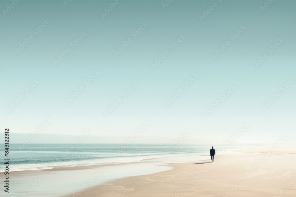 A person strolling along the shoreline, with the vast ocean in the background A person strolling along the shoreline, with the vast ocean in the background