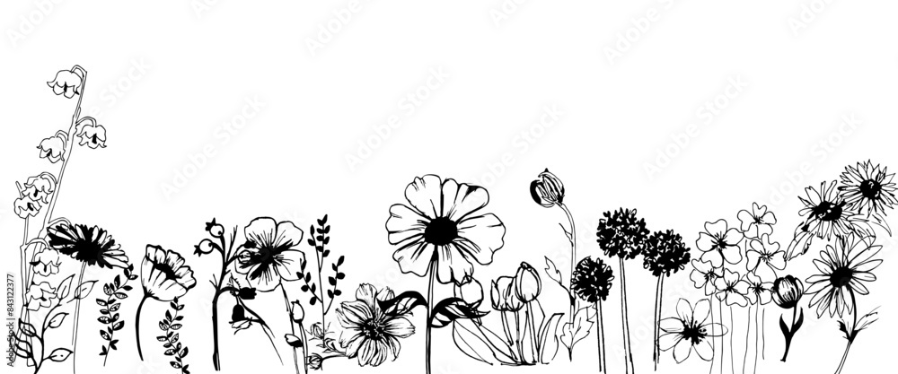 Giardino di fiori misti, illustrazione in bianco e nero isolata
