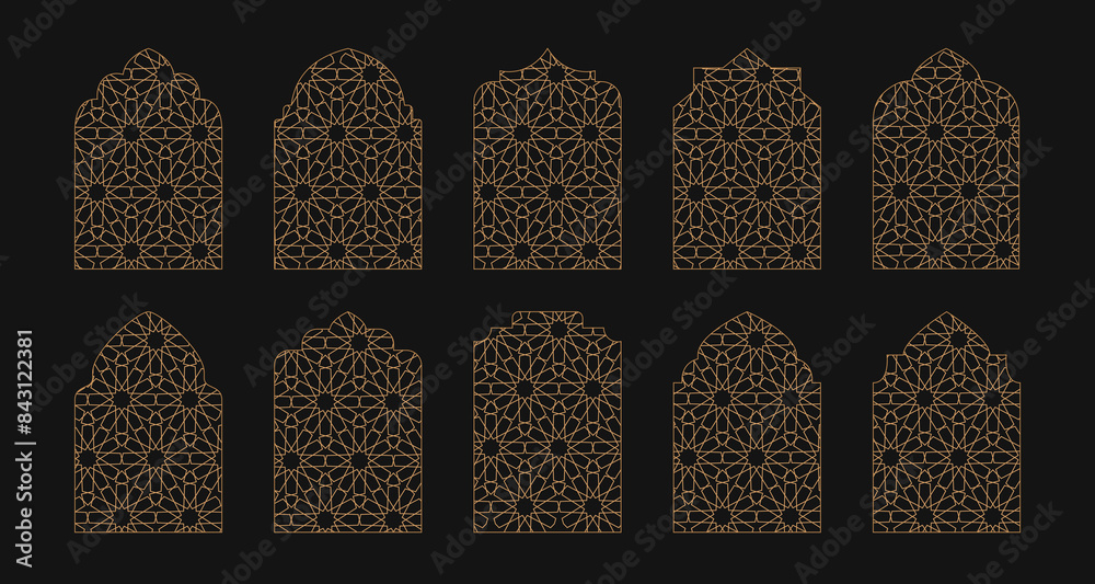 Obraz premium Oriental shape gold windows, doors with mashrabiya pattern. Arabian islamic arhitecture elements on dark background