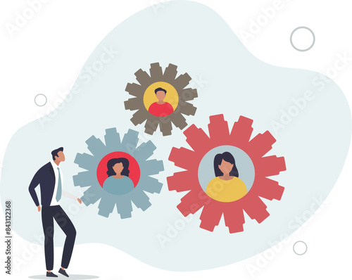 team effort concept, business people working to rotate connected cogwheels gear.flat vector illustration.