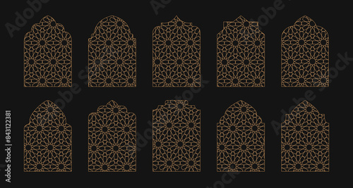 Oriental shape gold windows, doors with mashrabiya pattern. Arabian islamic arhitecture elements on dark background