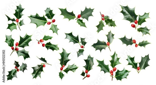 Holly Berries Isolated. A Collection of Green Holly Leaves with Red Berries for Christmas Decoration on White