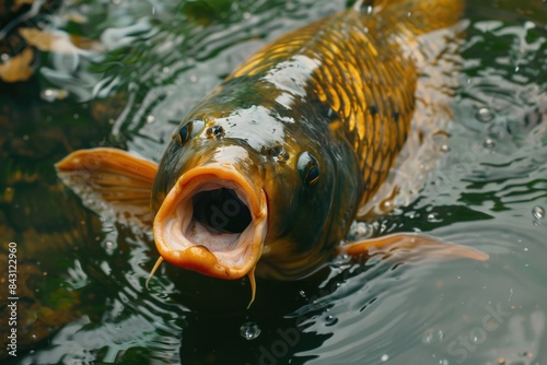 A fish swims underwater with its mouth open, showing its gills and internal structures photo