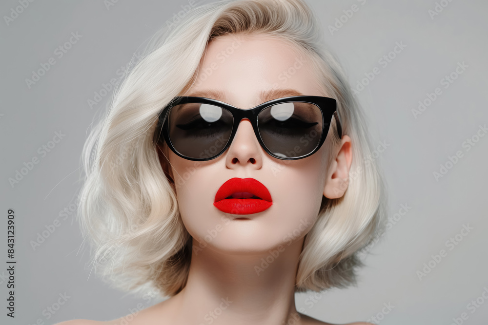 chic young woman with short blonde bob and striking red lipstick on a purple background chic young woman with short blonde bob and striking red lipstick on a purple background