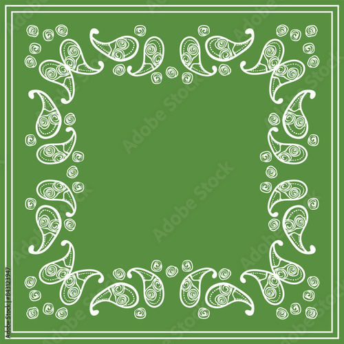 Print for kerchief, bandana, scarf, handkerchief, shawl, neck scarf. Squared pattern with ornament for fabric, textile, silk products. Paisley vector with abstract flowers. Floral folk tracery photo
