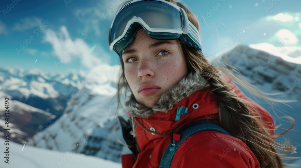 A woman wearing a red jacket and goggles stands on a mountain, offering a scenic view A woman wearing a red jacket and goggles stands on a mountain, offering a scenic view