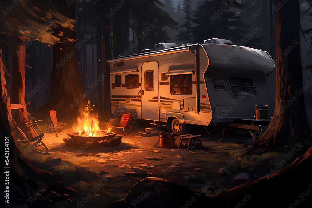 camper with campfire camper with campfire