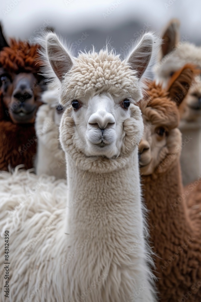 Obraz premium A group of llamas standing together in a row, often used as a symbol for teamwork or cooperation