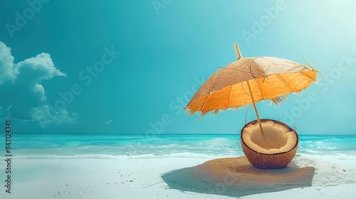 Tropical beach concept made of coconut fruit and sun umbrella. Creative minimal summer idea.