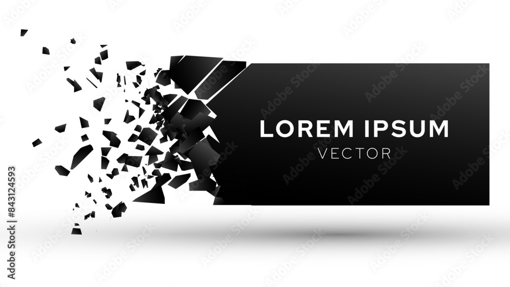 Shattered Rectangle Banner Explodes Isolated on White Background. Broken Shape With Cracks and Flying Fragments. Vector Illustration.